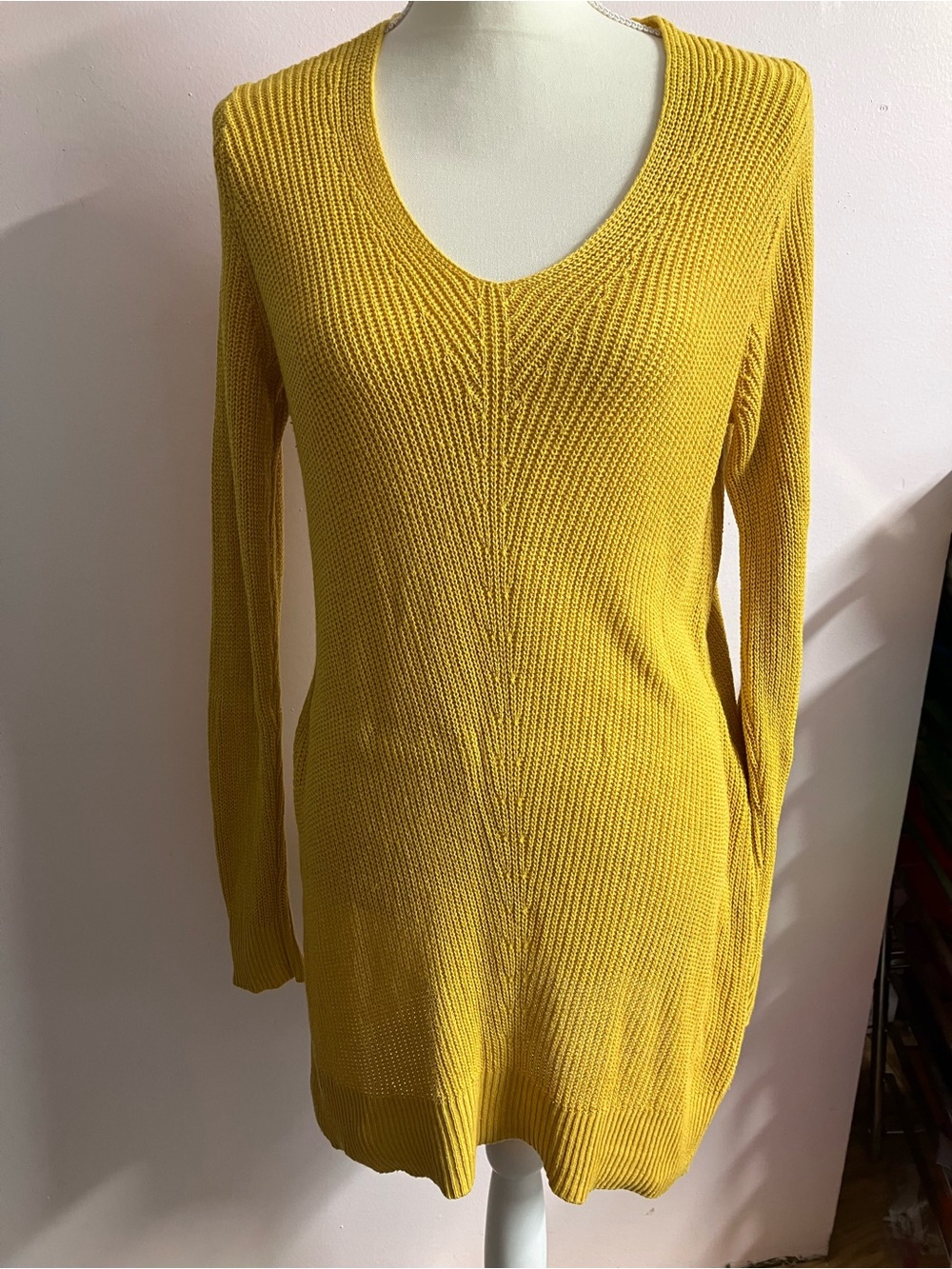 Women’s V Neck Tunic Sweater Dress, M,Ribbed Knit, Mustard Yellow, Old Navy